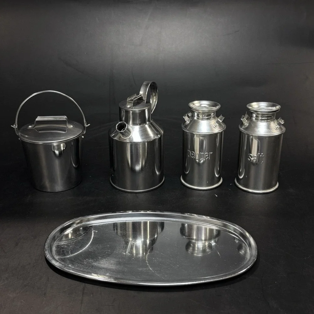 Vintage Mid Century Aluminum Kitchen Table‎ Condiment Set Made in Japan 9pc LNC